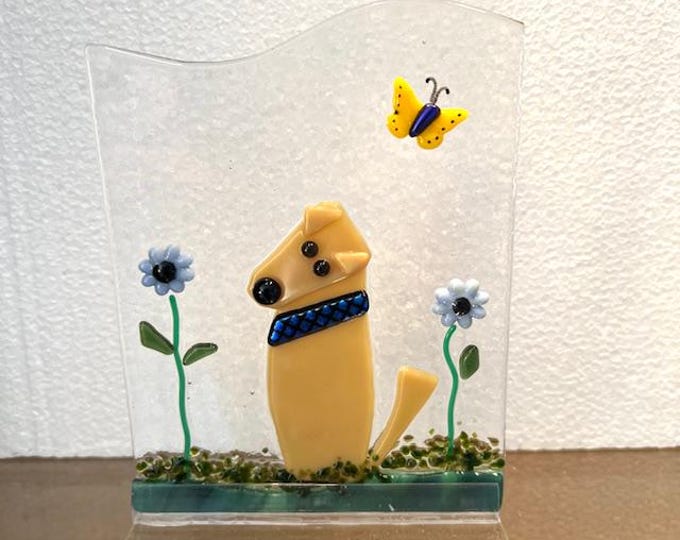 Fused Glass Dog and Flower: Sun Catcher Window Art