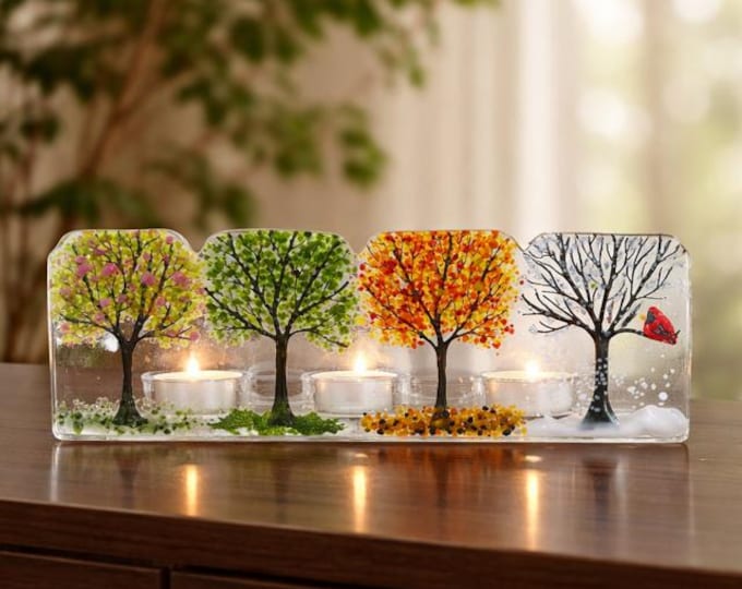 Fused Glass Seasons Art: Three candle votive holder with trees