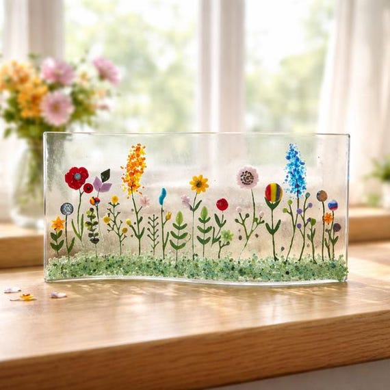Fused Glass Wildflower Shelf Art: Curved Window Sill Decor