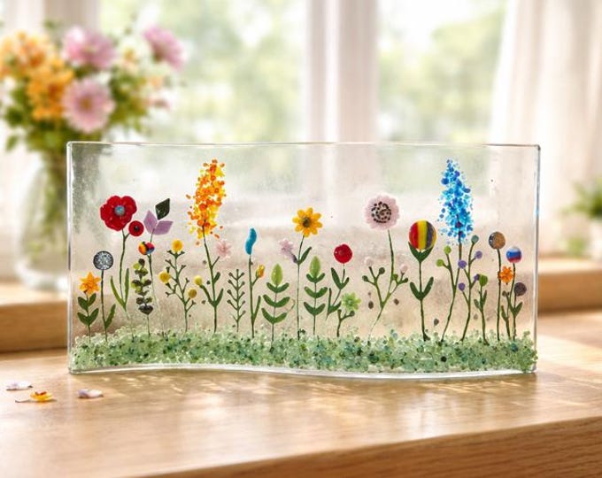 Fused Glass Wildflower Shelf Art: Curved Window Sill Decor