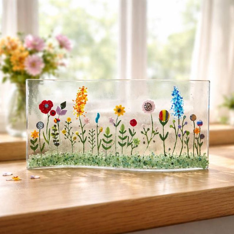 Fused Glass Wildflower Shelf Art: Curved Window Sill Decor image 1