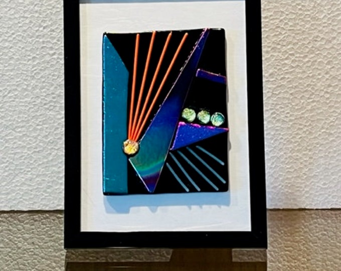 Framed fused glass Abstract Colorful Shelf Art, Dichroic Glass Collage Art, Table and Shelf Art