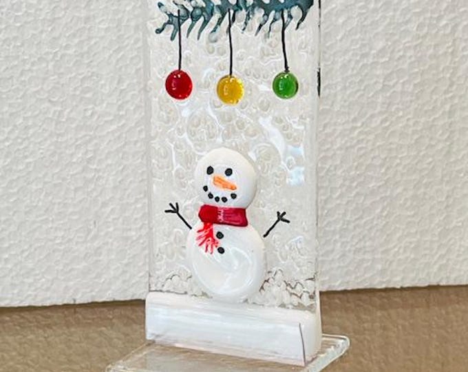 Fused Glass Snowman Shelf Art, Winter Decoration, Jolly Snowman with Christmas Balls Freestanding Art