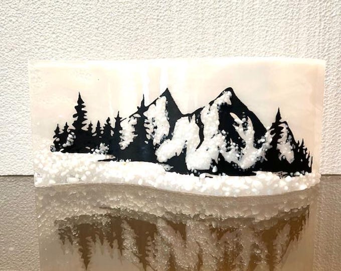 Snowy Mountains Fused Glass Curved Shelf Art, Mountain Glass Art, Snow on The Mountains, Windowsill Art