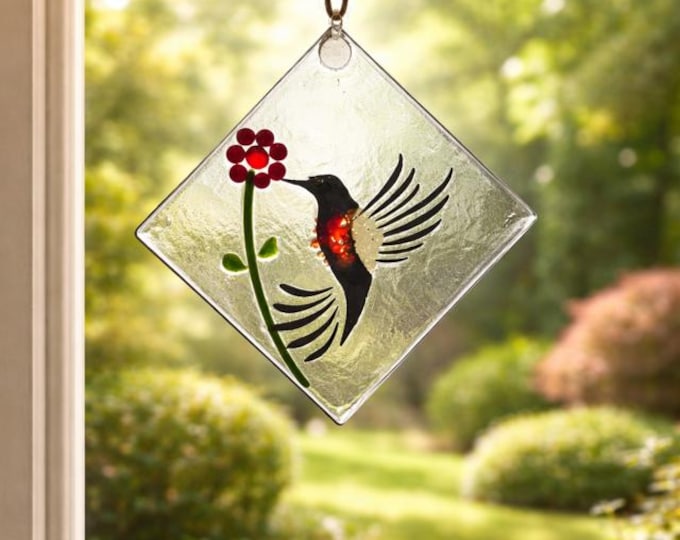 Hummingbird and Flower Fused Glass Suncatcher