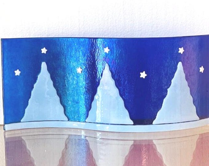 Fused Glass Curved Starry Nights on Iridescent Glass, Winter Night Scene, Windowsill Art