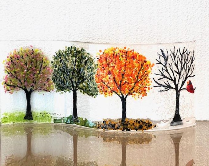 Fused Glass Seasons Art: Curved Shelf Decor with Cardinal