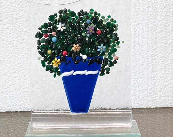 Floral Bouquet Freestanding Fused Glass Sculpture, Forever Flowers on Stand, Fused Glass Flower Bouquet