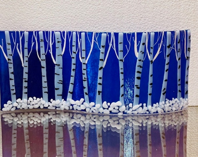 Fused Glass Curved Winter Aspens, Birch Forest in Winter, Glass Shelf Art, Fused Glass Art Sculpture, Bringing the Outdoors In