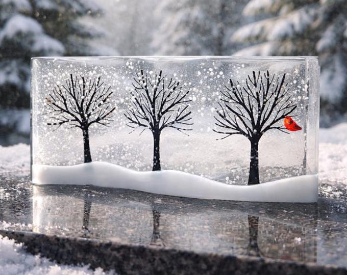 Winter Trees Fused Glass Art: Curved Shelf Decor with Cardinal