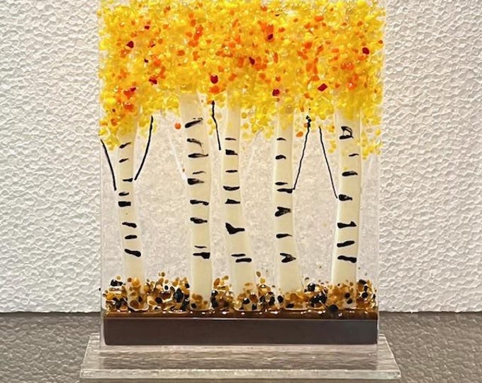 Autumn Aspen Fused Glass Art, Birch Trees, Sun Catcher Window Light Catcher, Shelf Art, Windowsill Art