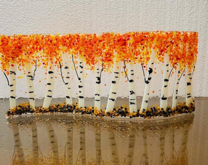 Fused Glass Curved Golden Aspen Trees in Autumn, Birch Forest in Fall, Glass Shelf Art, Fused Glass Art Sculpture, Bringing the Outdoors In