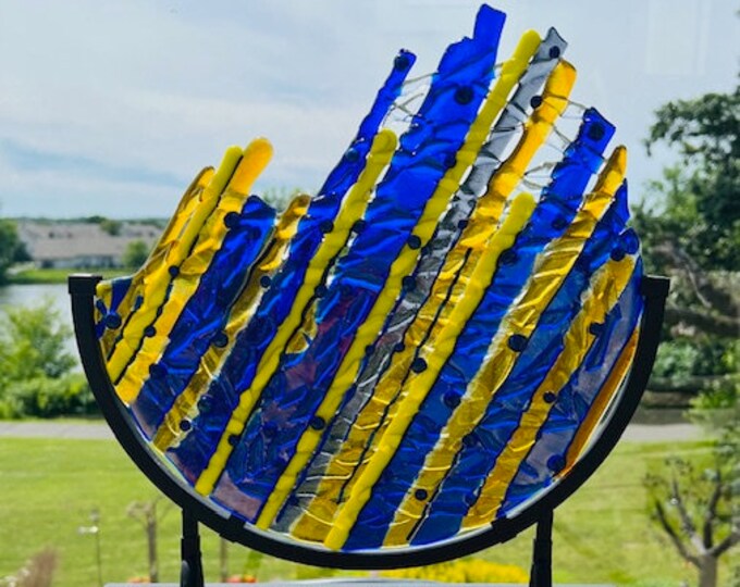 Fused Glass Abstract Free Standing Art, Colorful Dimensional Glass Art, Wrought Iron Stand
