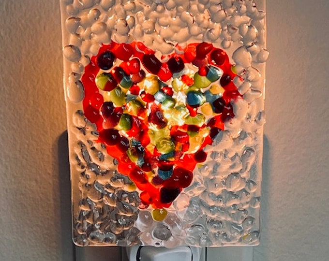 Colorful Heart Night Light, Fused Glass Night Light, Heart Night Light, Glass Night Light, Love Night Light