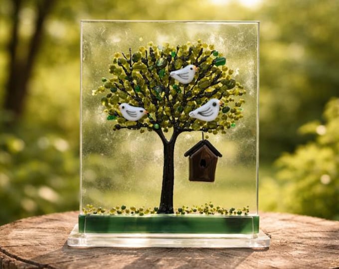 Fused Glass Tree Art with Birds and Birdhouse:  Suncatcher, Windowsill Decor
