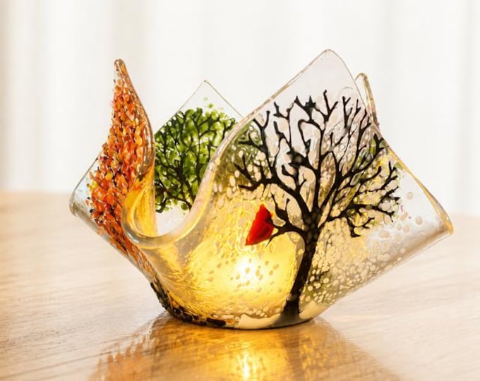 Fused Glass Four Seasons Art: Votive Candle Holder