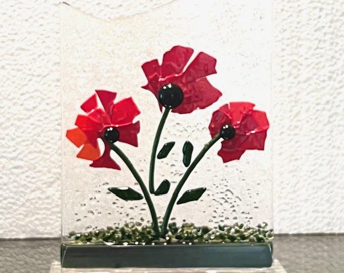 Forever Bold Flowers, Freestanding Fused Glass Sculpture, Flower Garden on Stand, Red Flowers