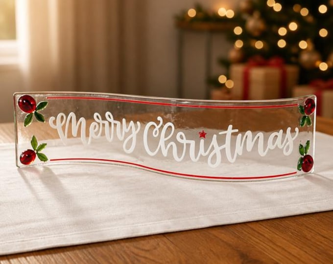 Fused Glass Curved Merry Christmas Freestanding Banner