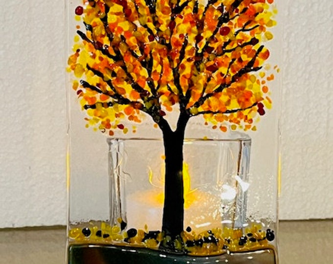 Fused Glass Autumn Leaves Candle Holder, Tree Votive Holder, Autumn Tree Tealight Holder, Bringing the Outside In