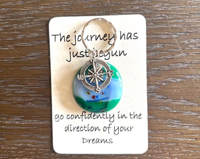 Fused Glass Compass Key Ring: Gift for Graduation, Encouragement