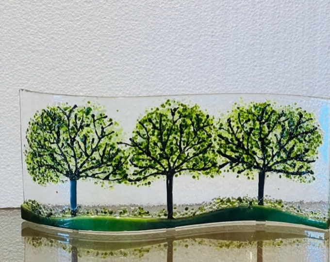 Summer Trees Curved Glass  Shelf Art, Home Decor, Window Sill Art, Bringing the Outdoors In, Tree Glass Art