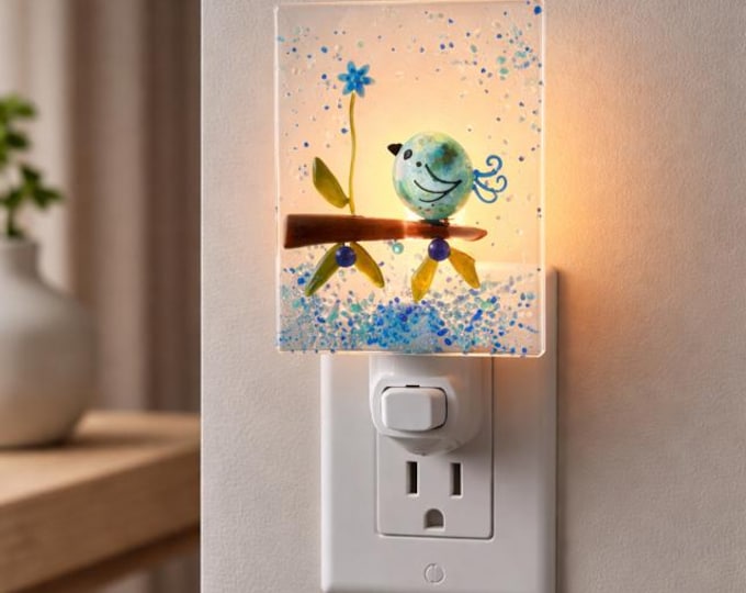 Fused Glass Whimsical Bird Night Light: Unique Bird Decor