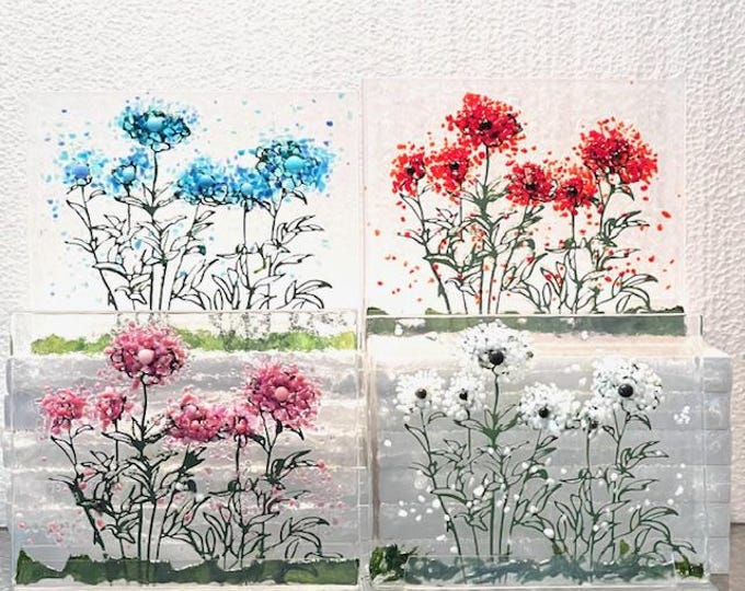 Fused Glass Everlasting Flowers, Flower Poms, Forever Flowers, Glass Art Flowers on Glass Stand