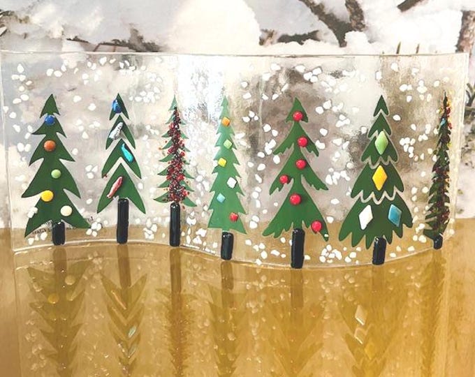 Holiday Trees Curved Fused Glass Window Sill Art, Curved Christmas Trees, Holiday Curve, Christmas Decoration