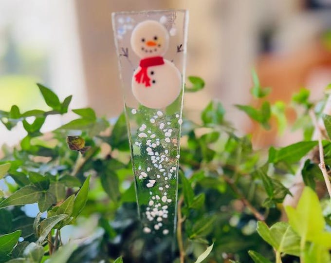 Fused Glass Snowman Plant Stake, Indoor or Outdoor Plant Stake, Colorful Glass Plant Stake, Winter Plant Stake