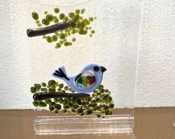 Fused Glass Blue Bird: Bird Decor, Windowsill Art