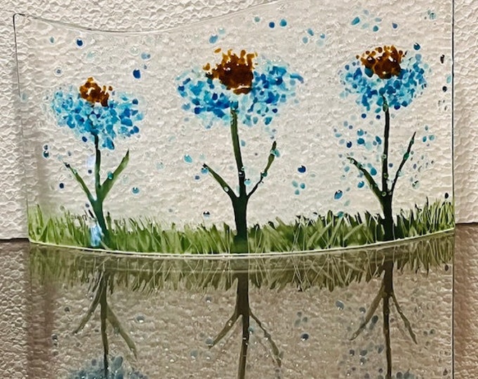 Large Blue Coneflower Curved Fused Glass Window Sill Art, Curved Flower Art, Vibrant Flower Glass Curve, Bringing the Outdoors In