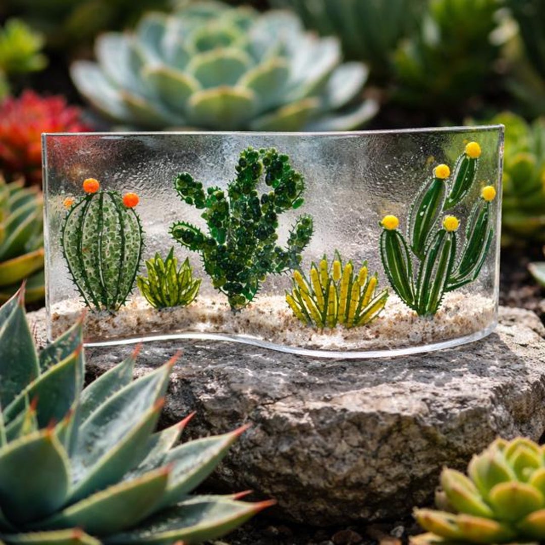 Fused Glass Cactus Garden Art: Desert Landscape Shelf Decor - Etsy