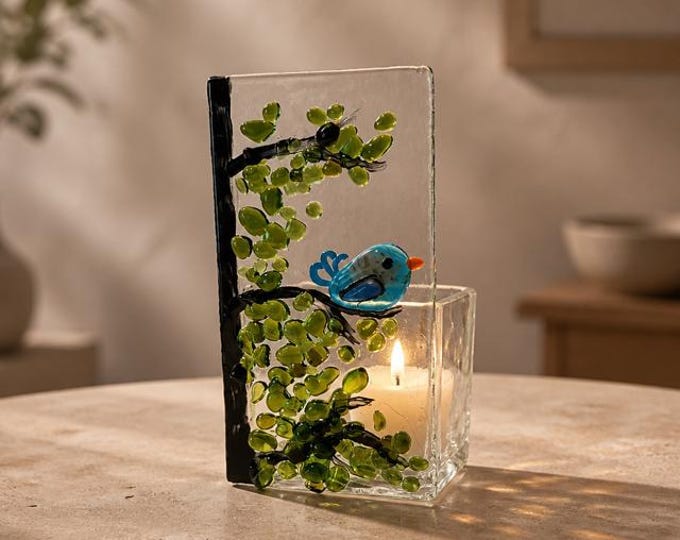 Fused Glass Bluebird in Tree Tealight Holder: Handmade Bird Votive