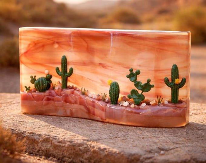 Desert Landscape Fused Glass Art: Curved Shelf Decor, 10" x 4"