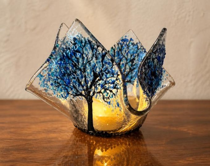 Blue Trees Tea Light Holder,  Fused Glass Candle Holder