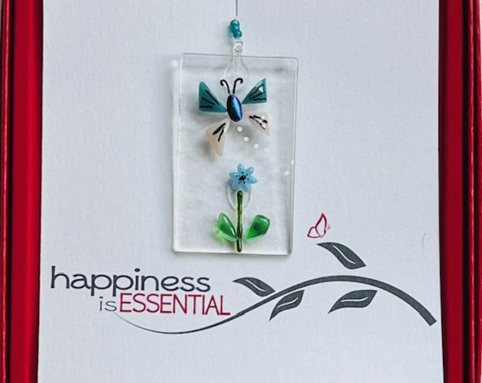 Fused Glass Dainty Sun Catcher, All-in-one gift, Beautiful Butterfly, Happiness, Red Box Gift