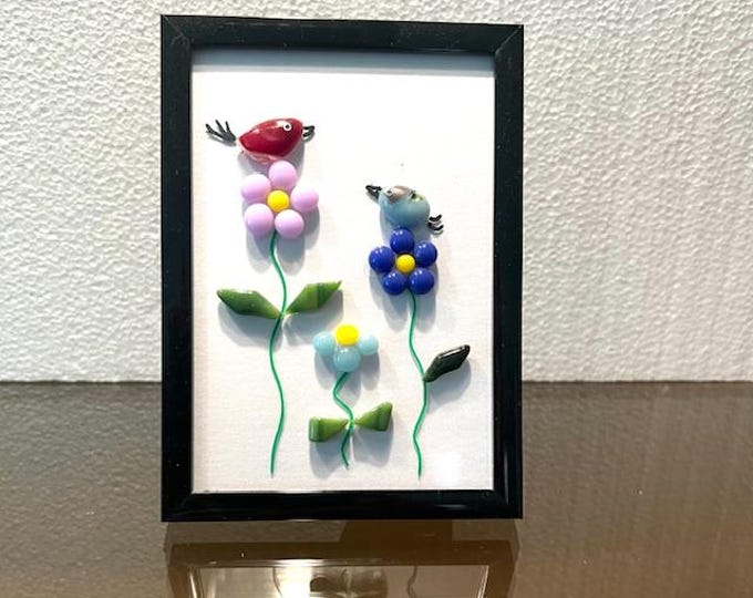 Framed fused glass Birds on Flowers, Whimsical Birds, Flower Art, Table and Shelf Art