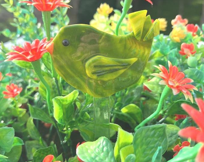 Fused Glass Whimsical Bird Plant Stake, Glass Bird on Glass Stake, Planter Bird, Whimsical Planter Bird