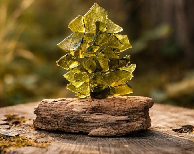 Recycled Fused Glass Tree Sculpture, Wine Bottle Tree on Driftwood Base, Rustic Decor