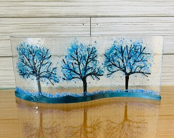 Blue Trees in the Mist Curved Glass  Shelf Art, Home Decor, Window Sill Art, Bringing the Outdoors In, Tree Glass Art
