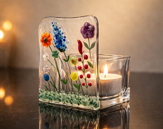 Tea Light Holder, Colorful Flower Fused Glass Candle Holder