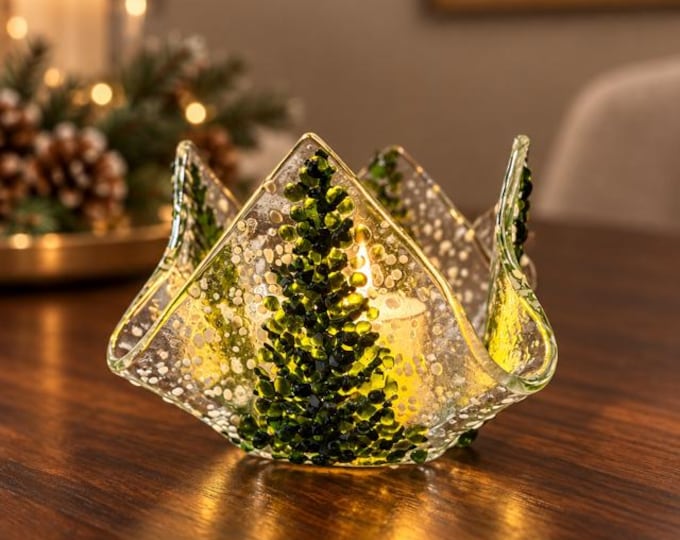 Fused Glass Evergreen Tree Winter Wonderland Votive Candle Holder