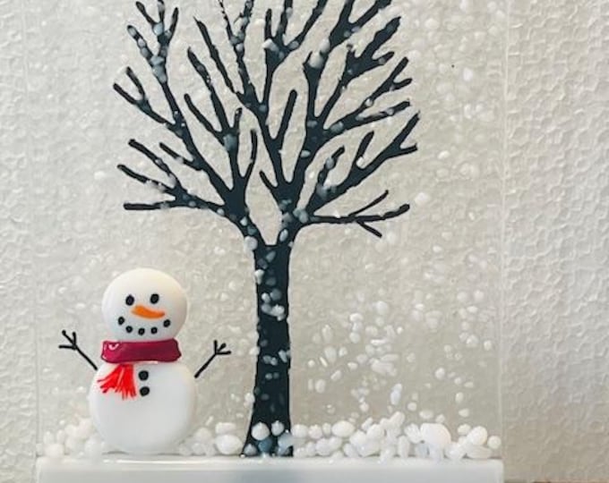 Winter Tree Fused Glass Art with Snowman, Winter Decor, Sun Catcher Window Light Catcher, Shelf Art, Holiday Decor. Windowsill Art