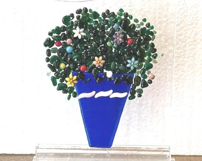 Floral Bouquet Freestanding Fused Glass Sculpture, Forever Flowers on Stand, Fused Glass Flower Bouquet