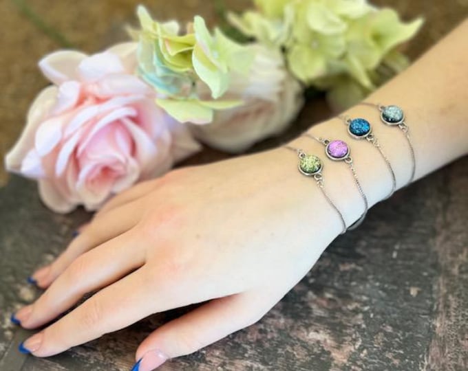 Dichroic Glass Adjustable Slide Bracelet, Luminescent glass bracelet, Gift for Her, 12mm glass dot