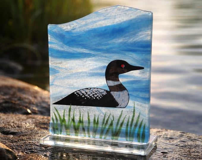 Fused Glass Loon: Bird Decor, Windowsill Art