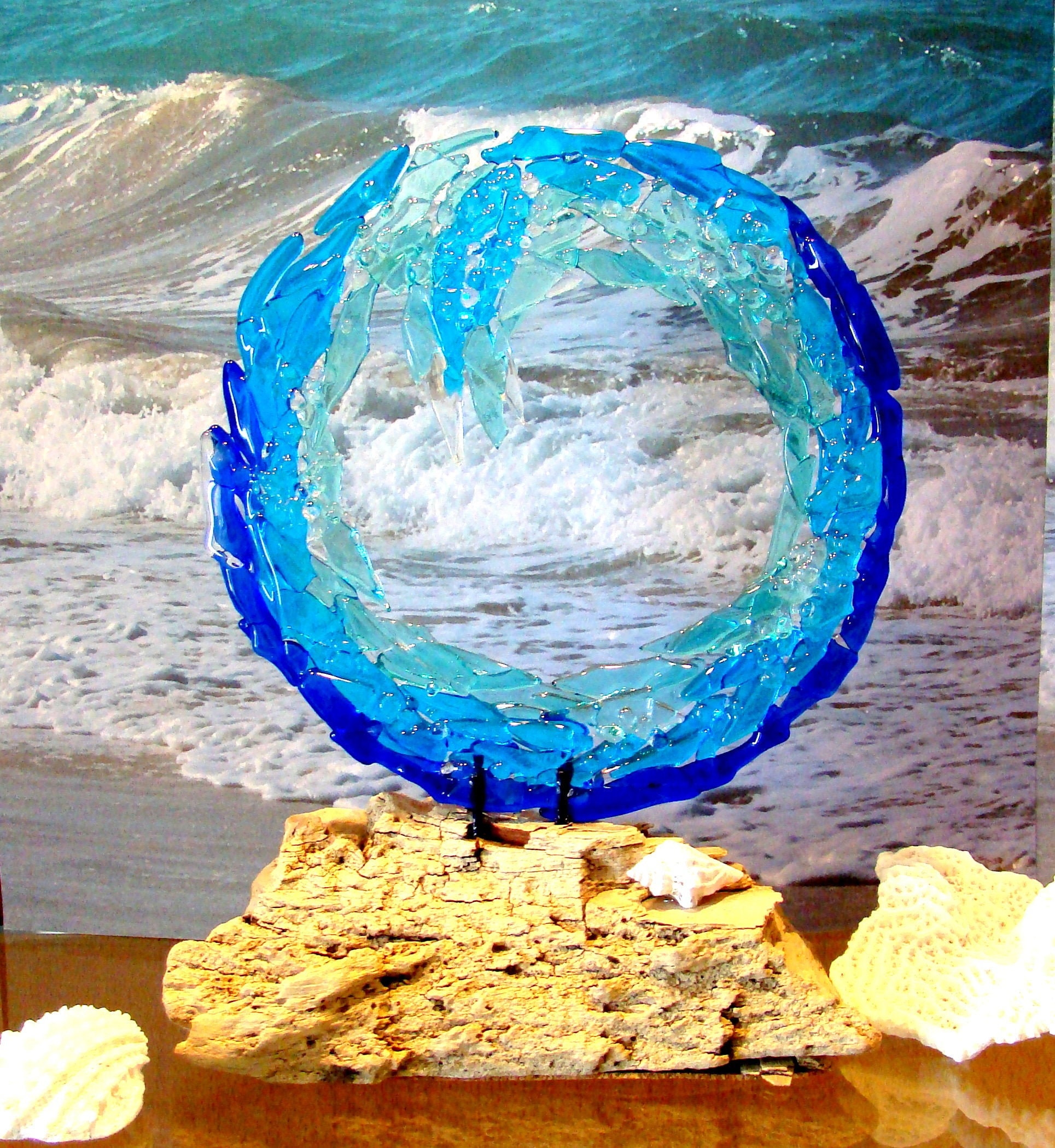 Ocean Wave Fused Glass Sculpture, Beach Decor, Sea Art, Surf