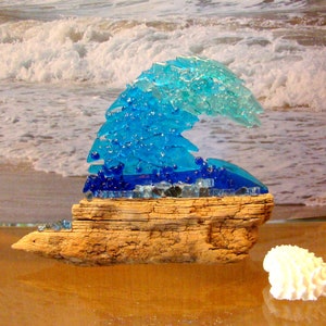 Ocean Wave Curl, Glass Ocean Swell with Sea Spray, Wave Curl on Driftwood Base,  Beach Decor, Blue Wave, Window or Shelf Decor