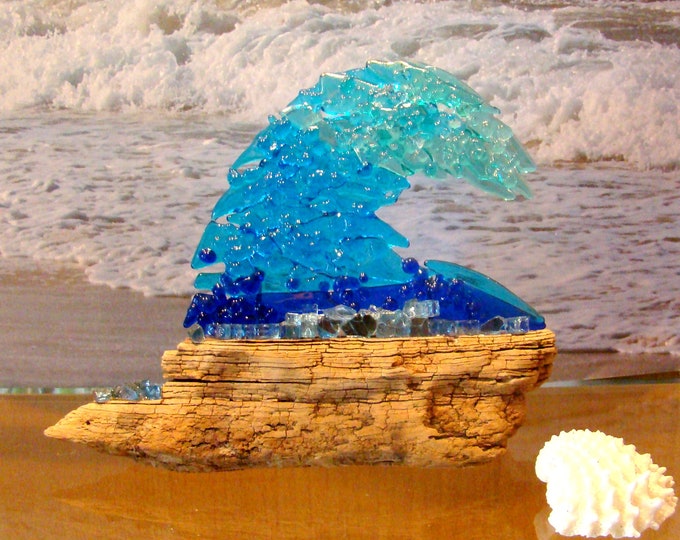 Ocean Wave Curl, Glass Ocean Swell with Sea Spray, Wave Curl on Driftwood Base,  Beach Decor, Blue Wave, Window or Shelf Decor