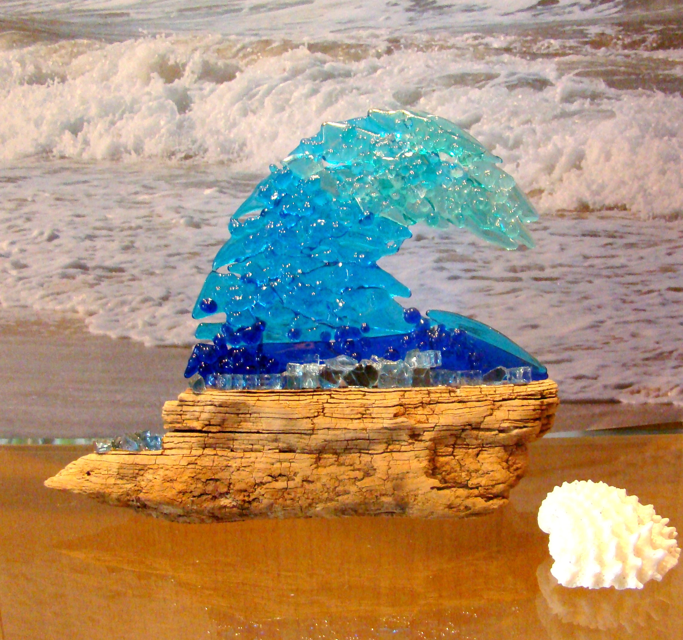 Ocean Wave Curl, Glass Ocean Swell with Sea Spray, Wave Curl on Driftwood  Base, Beach Decor, Blue Wave, Window or Shelf Decor